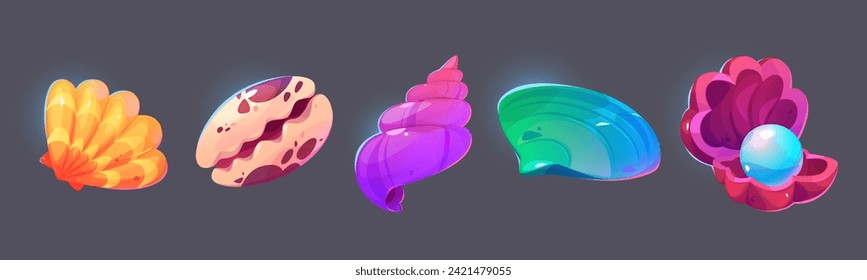 Juego de iconos ui conjunto de conchas marinas o oceánicas. Dibujo vectorial de dibujos animados colección de criaturas submarinas lindas con concha. Acuario, conchas marinas y almeja de cuerno, vieiras abiertas con perlas.