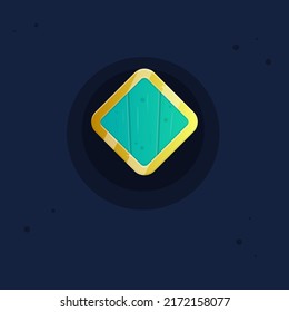 Game UI Icon Of Turquoise Diamond Shape Wooden Shield Of Kingdom With Golden Borders For RPG Games Cute Cartoon Colorful Vector Design