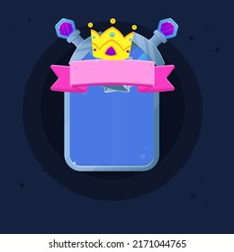 Game UI Symbol von zwei blauen Schwertern Eiskrem Königreich Belohnung Kronen Ribbon-Abzeichen auf blaugrauem Silberschatz Diamond-Fenster Cute Cartoon bunte Vektordesign
