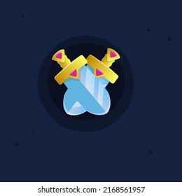 Icono De La Interfaz De Usuario De Juego De Dos Espadas Doradas Con Gemas Rosa Y Elementos Triangulares De Diseño De Vector Colorido De Cuto De Reino