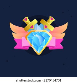 Game UI Icon Of Two Golden Swords With Pink Gems And Triangle Elements Reward Wings Ribbon Shield Blue Gem Badge Of Kingdom Cute Cartoon Colorful Vector Design