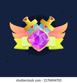 Game UI Icon Of Two Golden Swords With Pink Gems And Triangle Elements Reward Wings Yellow Ribbon Purple Gem Badge Of Kingdom Cute Cartoon Colorful Vector Design