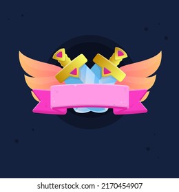 Game UI Icon Of Two Golden Swords With Pink Gems And Triangle Elements Reward Wings Ribbon Badge Of Kingdom Cute Cartoon Colorful Vector Design