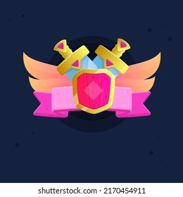 Icono De La Interfaz De Usuario De Juego De Dos Espadas Doradas Con Gemas Rosa Y Elementos Triangulares Recompensas Blindaje De La Cinta Del Escudo Del Reino Cute Cartoon Colorful Vector Design