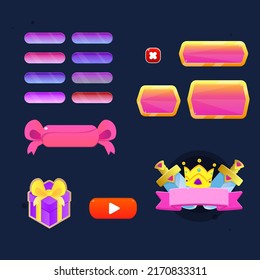 Game UI Icon Of Two Golden Swords With Pink Gems And Triangle Elements Reward  Crown Ribbon Badge Of Kingdom Buttons Golden Pop Ups Bow Header Gift Icon  Cute Cartoon Colorful Vector Design