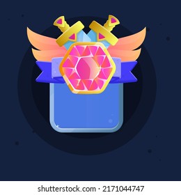 Icono De La Interfaz De Usuario De Juego De Dos Espadas Doradas Con Gemas Rosa Y Elementos Triangulares Recompensas Alas Cinta Azul Insignia De Gema Rosa Sobre La Ventana De Diamantes De Plata Gris Azul Diseño De Vector Colorido De Dibujo
