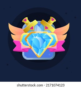 Icono De La Interfaz De Usuario De Juego De Dos Espadas Doradas Con Gemas Rosa Y Elementos Triangulares Recompensas Banda De La Cinta Escudo De La Gema Azul Bandera De La Gema Azul Gris Azul Treasure Ventana De Diamantes Diseño De Vector Colorido De La Caricatura