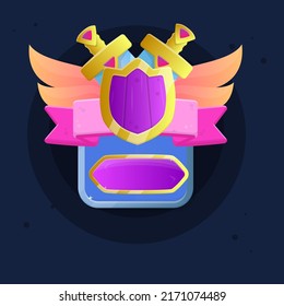 Icono De La Interfaz De Usuario De Juego De Dos Espadas Doradas Con Gemas Rosa Y Elementos Triangulares Recompensas Cinta Cinta Púrpura Blindaje Blindaje De Escudo De Plata Gris Azul Ventana De Diamantes Diseño De Vector Colorido De Caricatura