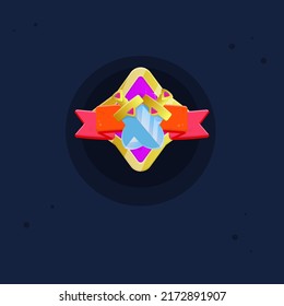 Game UI Icon Of Violet Star Shape Wooden Shield Of Kingdom With Golden Borders And Two Golden Swords With Pink Gems And Triangle Elements And Ribbon For RPG Games Cute Cartoon Colorful Vector Design