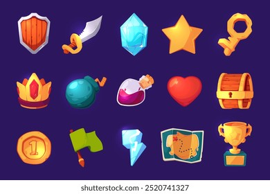 Game ui icons cartoon vector set. Casino interface slot badge kit. Golden achievement trophy collection. Mobile app key elements. Prizes in video games vector pack isolated on blue.