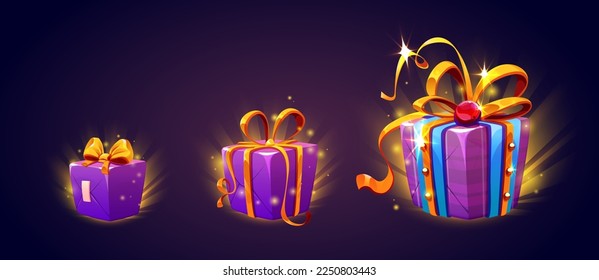 Game ui icons of gift boxes. Present packages, purple wrap with gold ribbon and bow for level rewards, prize, bonus or surprise, vector cartoon set isolated on background