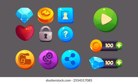 Game ui icons and interface design elements. Cartoon vector play button, bar with golden coin and blue diamond showing number of points, items to collect - heart and money, gemstone and lock.