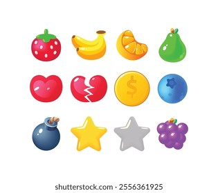 Game UI icons. Mobile application or game interface elements. Cartoon colorful design. Stickers or labels for user interface