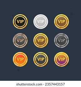 Game UI Icons Set Of VIP Coins For Casino Or Slot Or Reward Badges Page Winner GUI Glossy Glamour Golden Vector Design