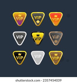 Game UI Icons Set  Of VIP Triangle Coins For Casino Or Slot Or Reward Badge Page Winner GUI Glossy Glamour Golden Black Brown Silver Vector Design