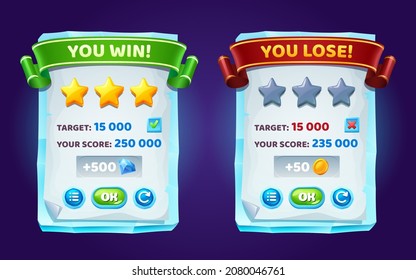 Game Ui Interface Boards With Level Score, Win And Lose Banners With Golden Stars And Buttons. Vector Cartoon Set Of Gui Elements With Planks From Ice, Paper And Ribbons