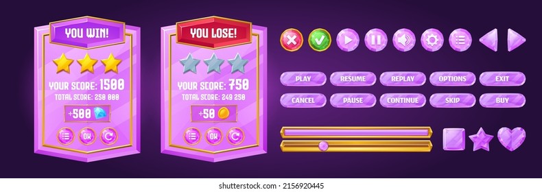 Game Ui Interface Boards With Level Score And Menu Buttons With Purple Crystal Texture. Vector Cartoon Set Of Win And Lose Banners With Gold Stars, Buttons With Icons And Progress Bar