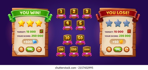 Juego ui tarjetas de interfaz de ganar o perder y tarjetas de nivel número y puntos xp. Conjunto de dibujos animados vectoriales de elementos gui con texturas y cintas de madera, pantallas de nivel de juego completo y de fallo