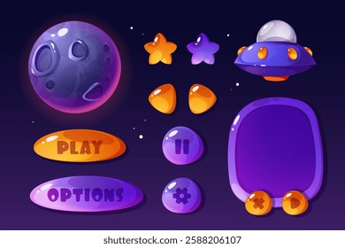 Game UI interface. Cartoon space arcade with moon and UFO. Galaxy adventure icons. Menu board design