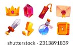 Game ui interface icon cartoon vector element set. Gold crown, gem, tnt dynamite, potion bottle and letter rpg loot props item kit isolated on white background. Achievement sword weapon for arcade app