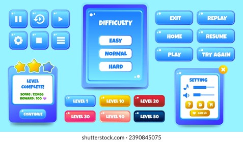 Game ui kit, cartoon gaming interface buttons, icons, menu. set of circle buttons for game. vector