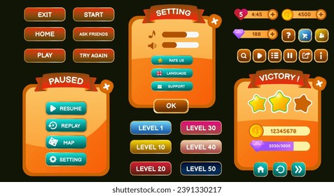 Game ui kit, cartoon gaming interface buttons, icons, menu. set of circle buttons for game. vector