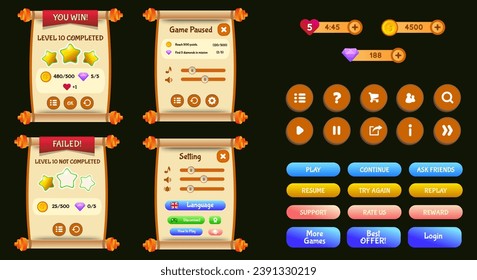 Game ui Kit, Cartoon Gaming Interface Buttons, Symbole, Menü. Reihe von Kreisknöpfen für das Spiel. Vektorgrafik