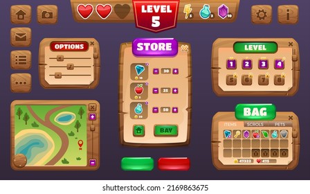 Game UI kit. Cartoon menu and interface constructor asset, RPG game elements, map level character inventory achievements table. Vector set. Buying in store frame, bag items, options panels svg