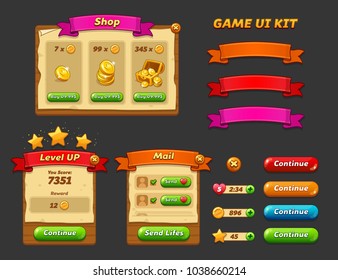 Game ui kit. Complete menu of graphical user interface GUI to build 2D games. Casual Game. Vector. Can be used in mobile or web games.