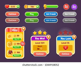 Game UI kit. Complete menu of graphical user interface GUI to build 2D games. Casual Game. Vector. Can be used in mobile or web games.