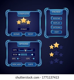 Juego ui kit. Juego de fantasía ui rpg pop up y estrella de la victoria para 2d rpg juegos vector Ilustración