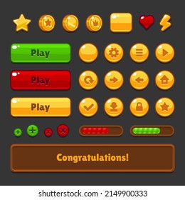 Game UI Kit Icons Set on Dark Background. Vector