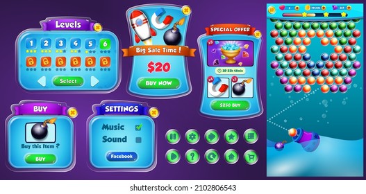 Kit Ui de juegos con menús, elementos emergentes, pantallas y elementos de juego 