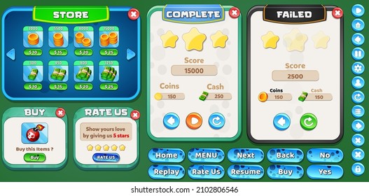 Game Ui Kit mit Menüs, Pop-Up, Bildschirmen und Spielelementen 