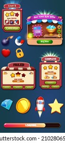 Kit Ui de juegos con menús, elementos emergentes, pantallas y elementos de juego 