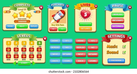 Game Ui Kit with Menus, pop up, screens and Game elements 