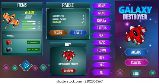 Game Ui Kit with Menus, pop up, screens and Game elements 