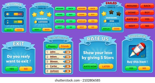 Kit Ui de juegos con menús, elementos emergentes, pantallas y elementos de juego 