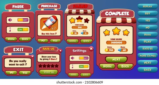 Game Ui Kit with Menus, pop up, screens and Game elements 