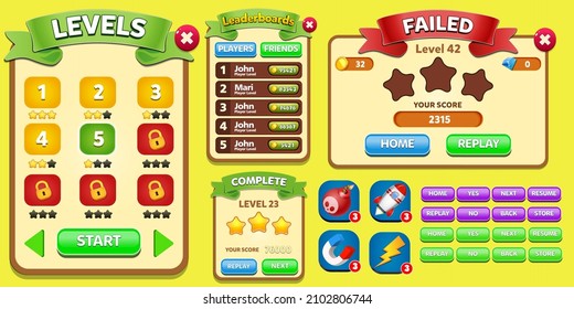 Kit Ui de juegos con menús, elementos emergentes, pantallas y elementos de juego 