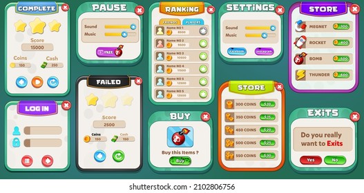 Game Ui Kit mit Menüs, Pop-Up, Bildschirmen und Spielelementen 
