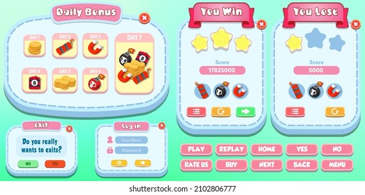 Game Ui Kit with Menus, pop up, screens and Game elements 