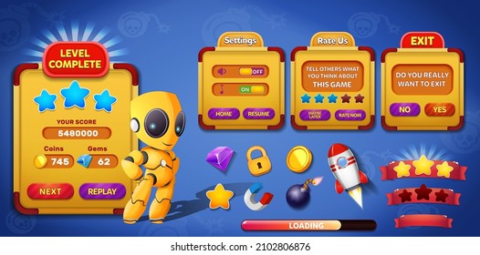 Kit Ui de juegos con menús, elementos emergentes, pantallas y elementos de juego 