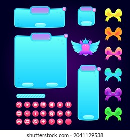 Game UI Kit Pop Up Blue Sky Windows Pink Buttons Bar Winner Badge Wings Items Bows In Different Colors Vector Resizable And Editable Design
