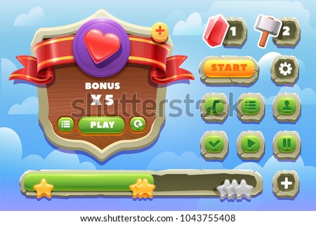 Game ui kit. Set of stone buttons. elements for 2d games.