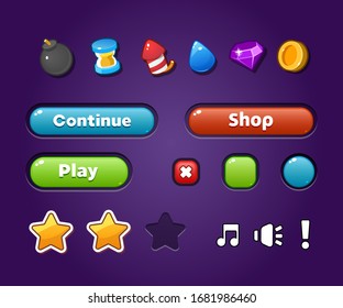 Game UI Kit. Set Of User Interface GUI To Build 2D Games. Casual Game. Vector. Can Be Used In Mobile Or Web Games.
