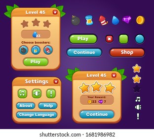 Game UI Kit. Set Of User Interface GUI To Build 2D Games. Casual Game. Vector. Can Be Used In Mobile Or Web Games.