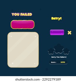 Game UI Kit You Failed Pop Up Window Buttons Cute Colorful Vector Design