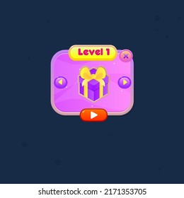 Game UI Level 1 Purple Abstract Cute Cartoon Colorful Bright Buttons Banners Pop Up Window Vector Design