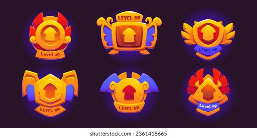 Game ui level up badge icon and bonus reward vector design. Rank medal to win on achievement. Gold gui casino prize popup emblem sign. Mobile app experience label for victory with arrow and wings